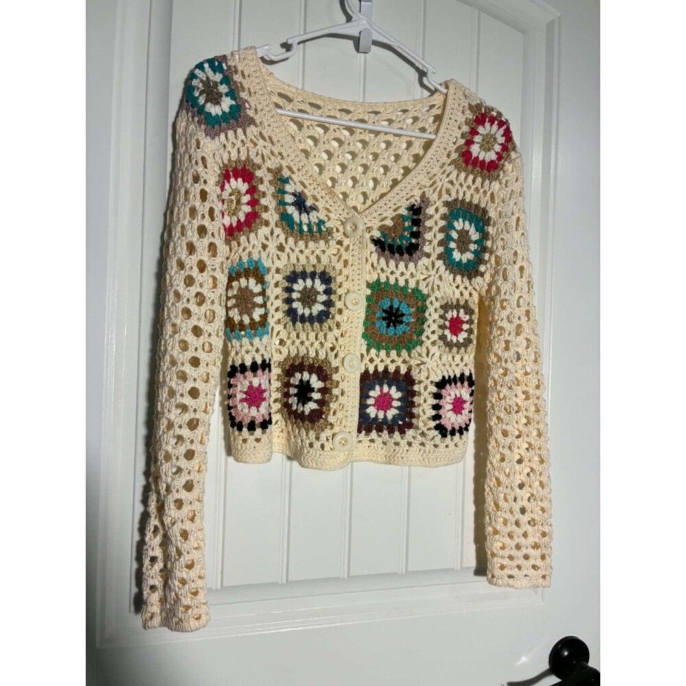 Crochet Granny Square Cardigan Ladies Small/Medium Beige